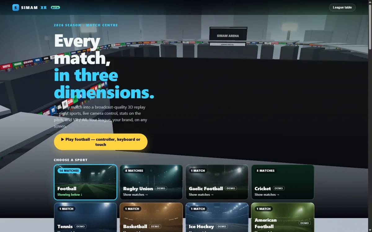 Simam XR match centre showing a 3D football stadium with sport and match selection