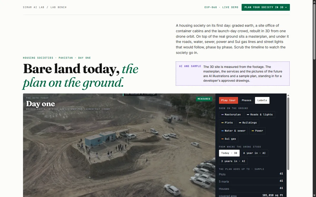 Day one housing development rebuilt in 3D from drone footage, with masterplan and services layer controls