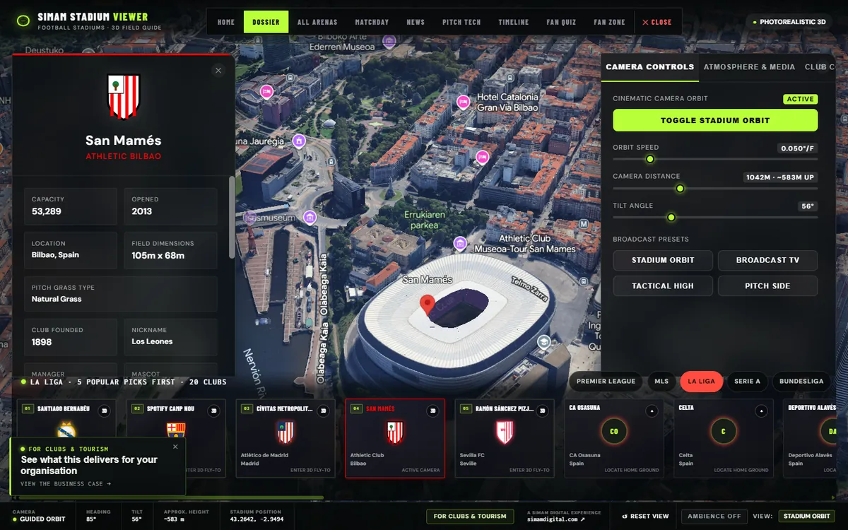 Stadium Viewer showing San Mamés stadium in photorealistic 3D with club details and camera controls