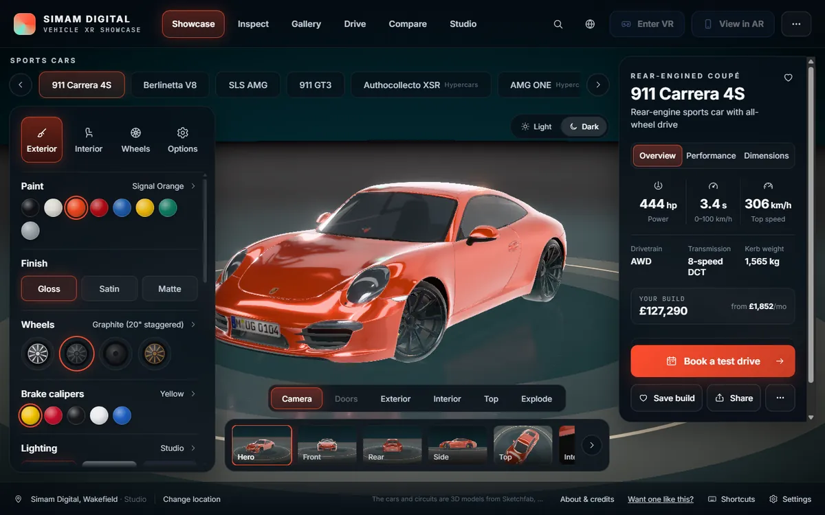 Vehicle XR Showcase configurator with an orange sports car and paint, finish and wheel options