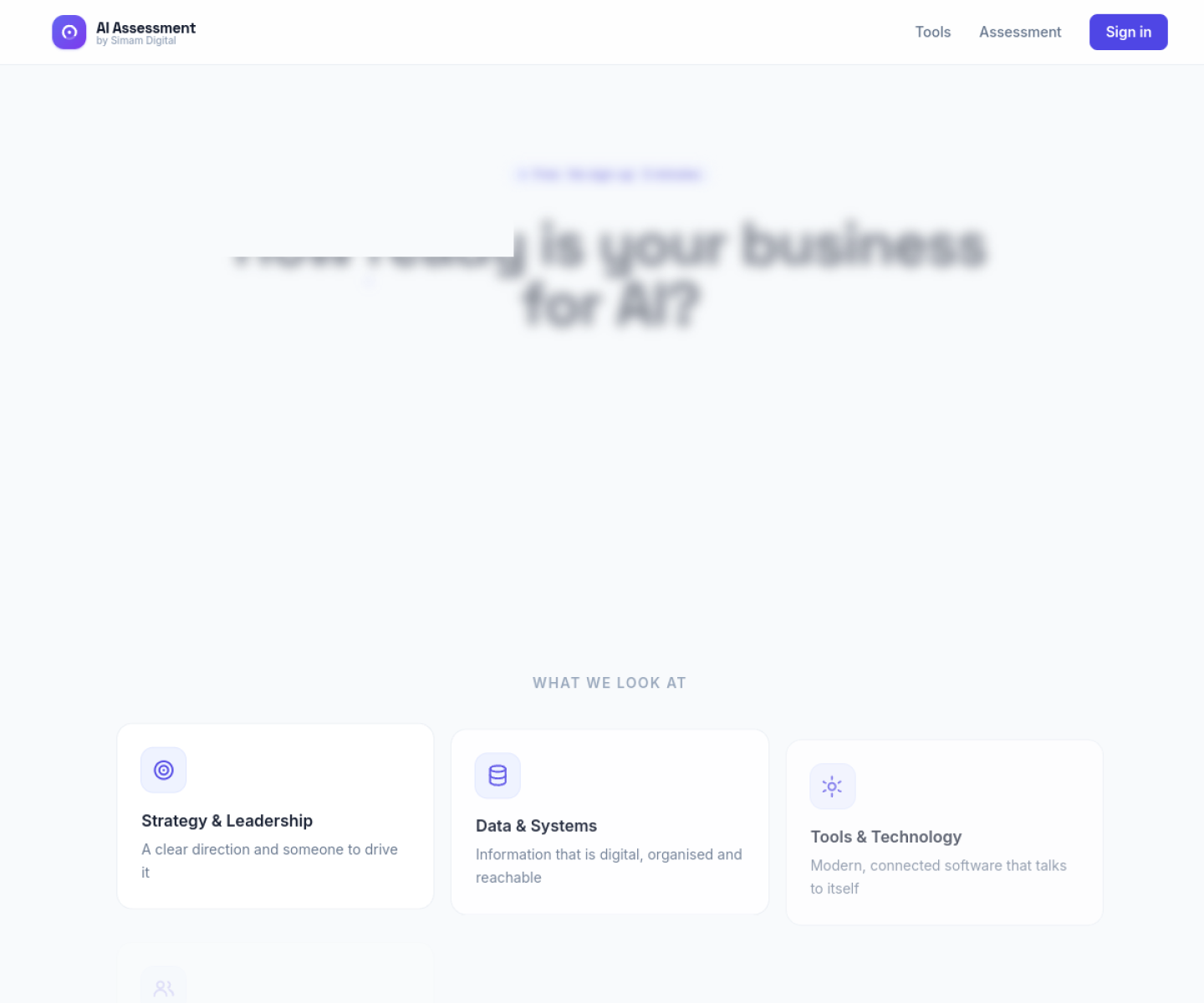 Live Simam AI Readiness Assessment homepage showing the assessment navigation and readiness categories