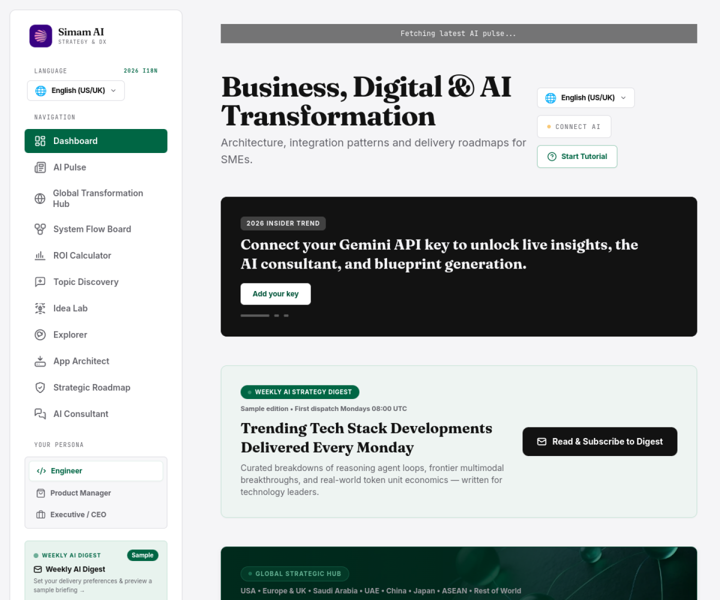 Live Simam AI Transformation Hub dashboard showing navigation, personas, AI pulse and strategy tools