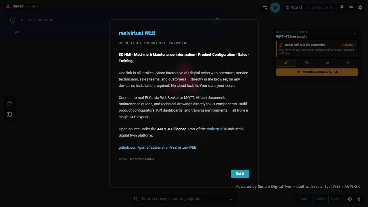 Virtual Factory Operations Cockpit live product screenshot