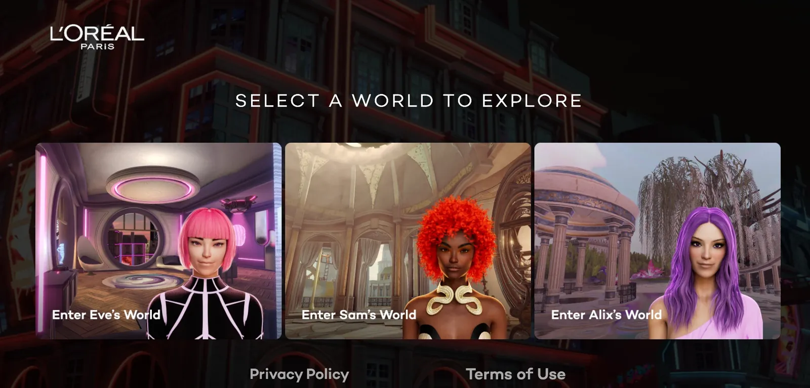 L&rsquo;Or&eacute;al Paris MetaVivids world picker with three avatars