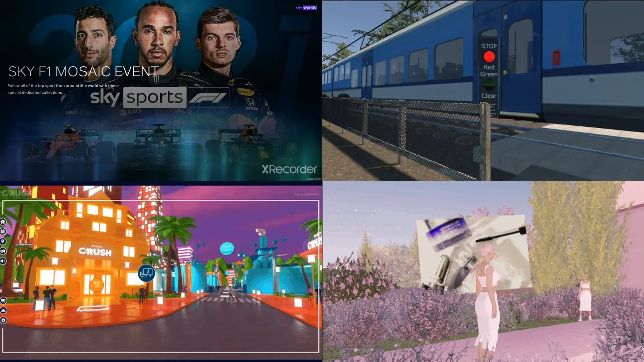 Stills from the showreel: Sky F1 Mosaic, the Costain Meerkat rail simulator, the Shiraz virtual conference and the VLGE fashion platform